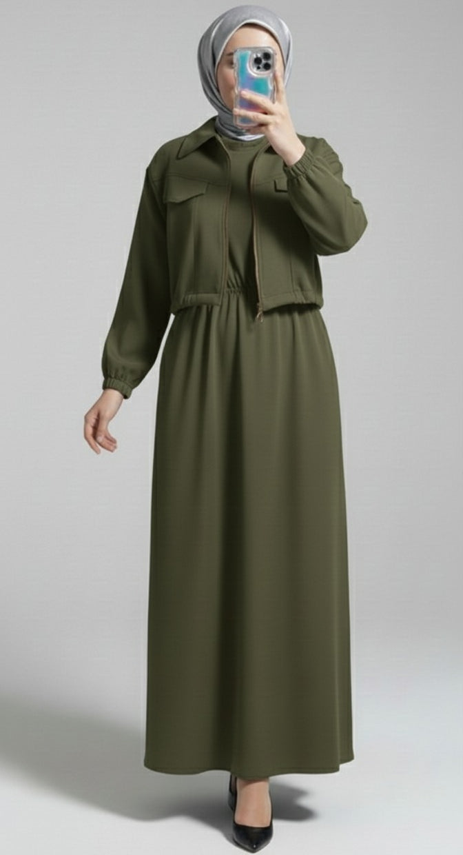 Stylish 2 Piece Set Long Frock Maxi Dress With Matching Zipper Jacket Premium Quality - Black