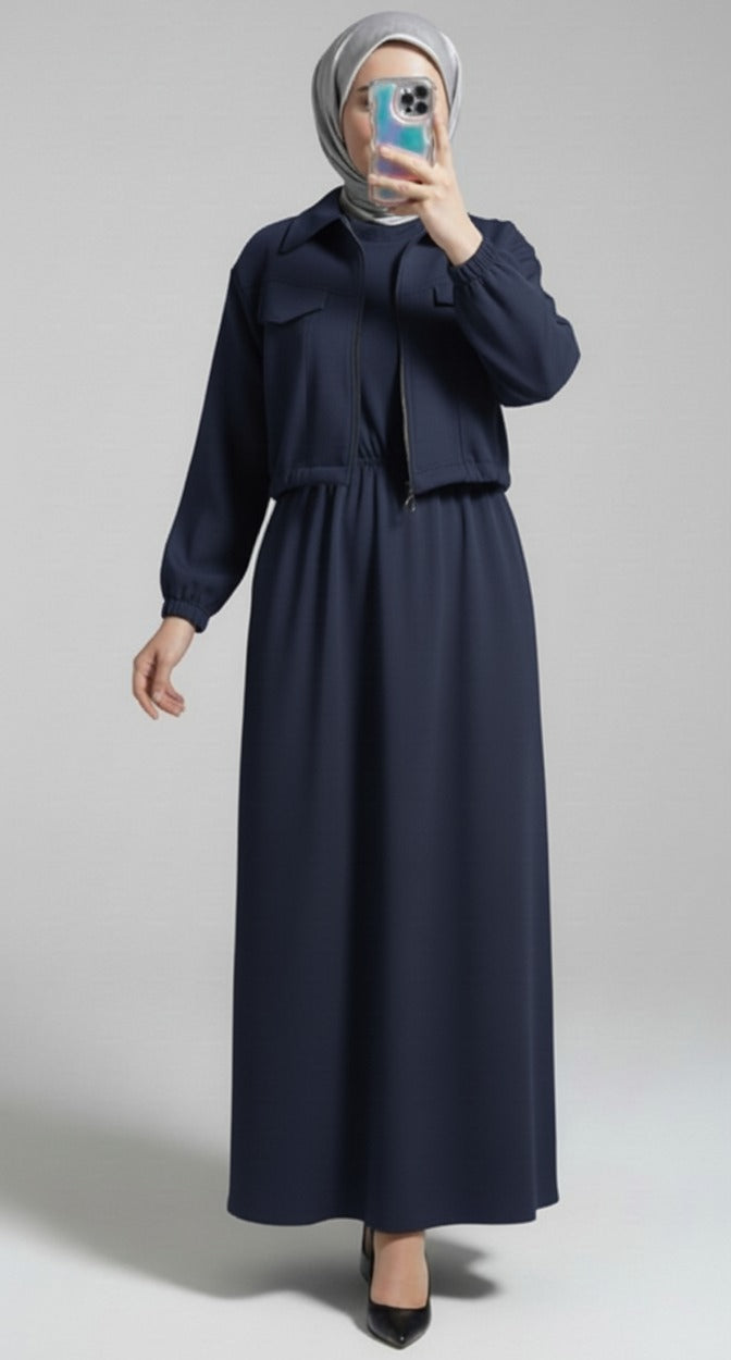 Stylish 2 Piece Set Long Frock Maxi Dress With Matching Zipper Jacket Premium Quality - Black