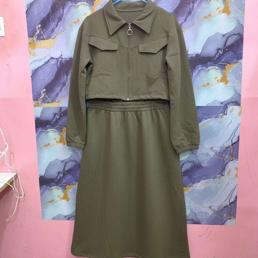 Stylish 2 Piece Set Long Frock Maxi Dress With Matching Zipper Jacket Premium Quality - Black