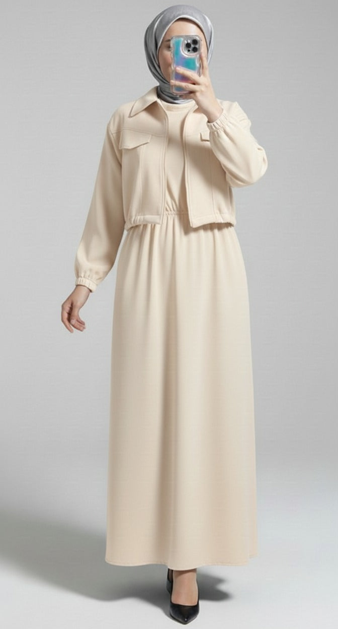 Stylish 2 Piece Set Long Frock Maxi Dress With Matching Zipper Jacket Premium Quality - Black