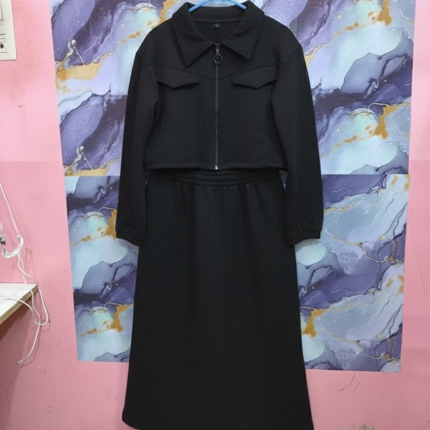 Stylish 2 Piece Set Long Frock Maxi Dress With Matching Zipper Jacket Premium Quality - Black