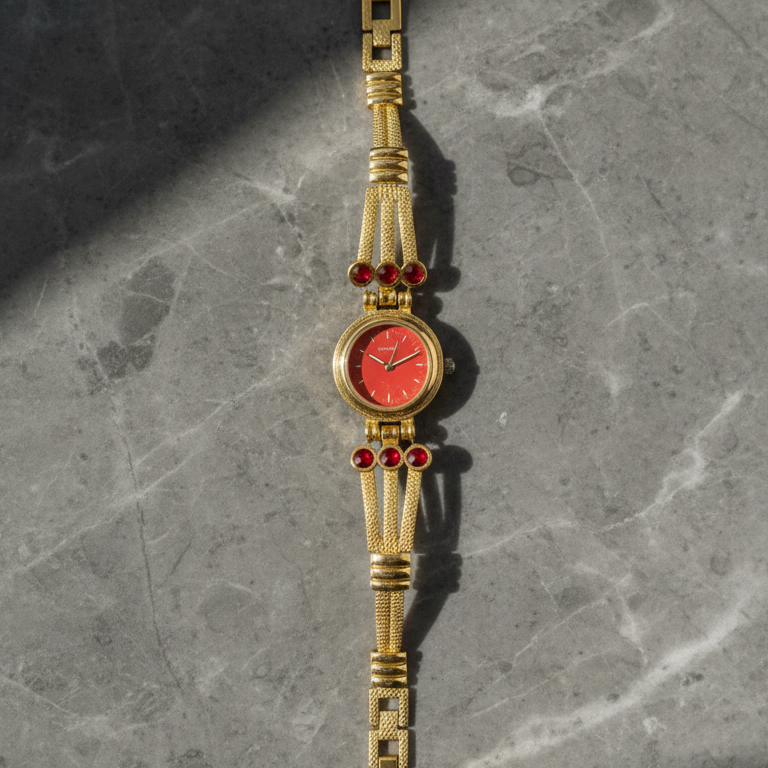 Vintage Gold-Tone Bracelet Watch with Ruby-Red Accents - Random Design (Random Color)