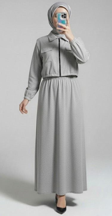 Stylish 2 Piece Set Long Frock Maxi Dress With Matching Zipper Jacket Premium Quality - Black