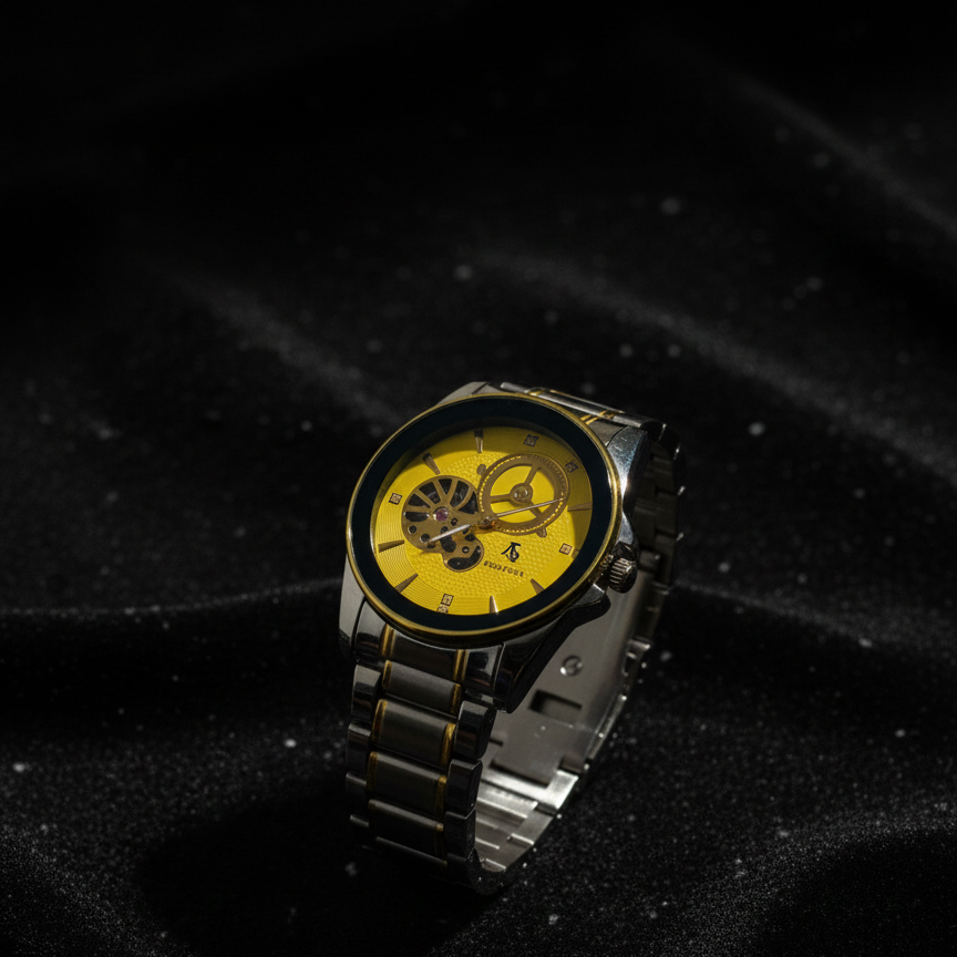 Luxury Men’s Skeleton Automatic Watch - Two-Tone Stainless Steel Bracelet, Open Heart Mechanical Dial ( golden with blue dial )