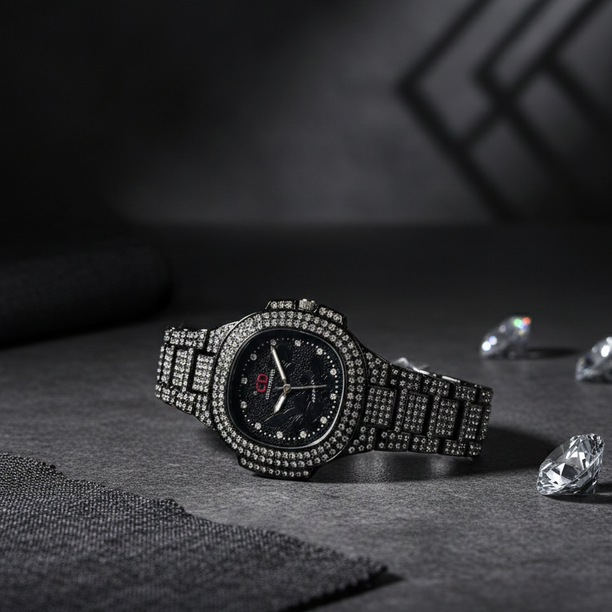 Two Toned Iced Out Quartz Movement Womens Watch without box(black watch)