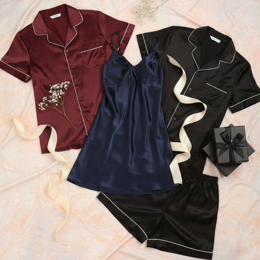 Couple Silk Night Suit / Sleepwear Set – Shirt & Shorts with Slip Dress | SKU DC-C013 (3 Pcs) | Black