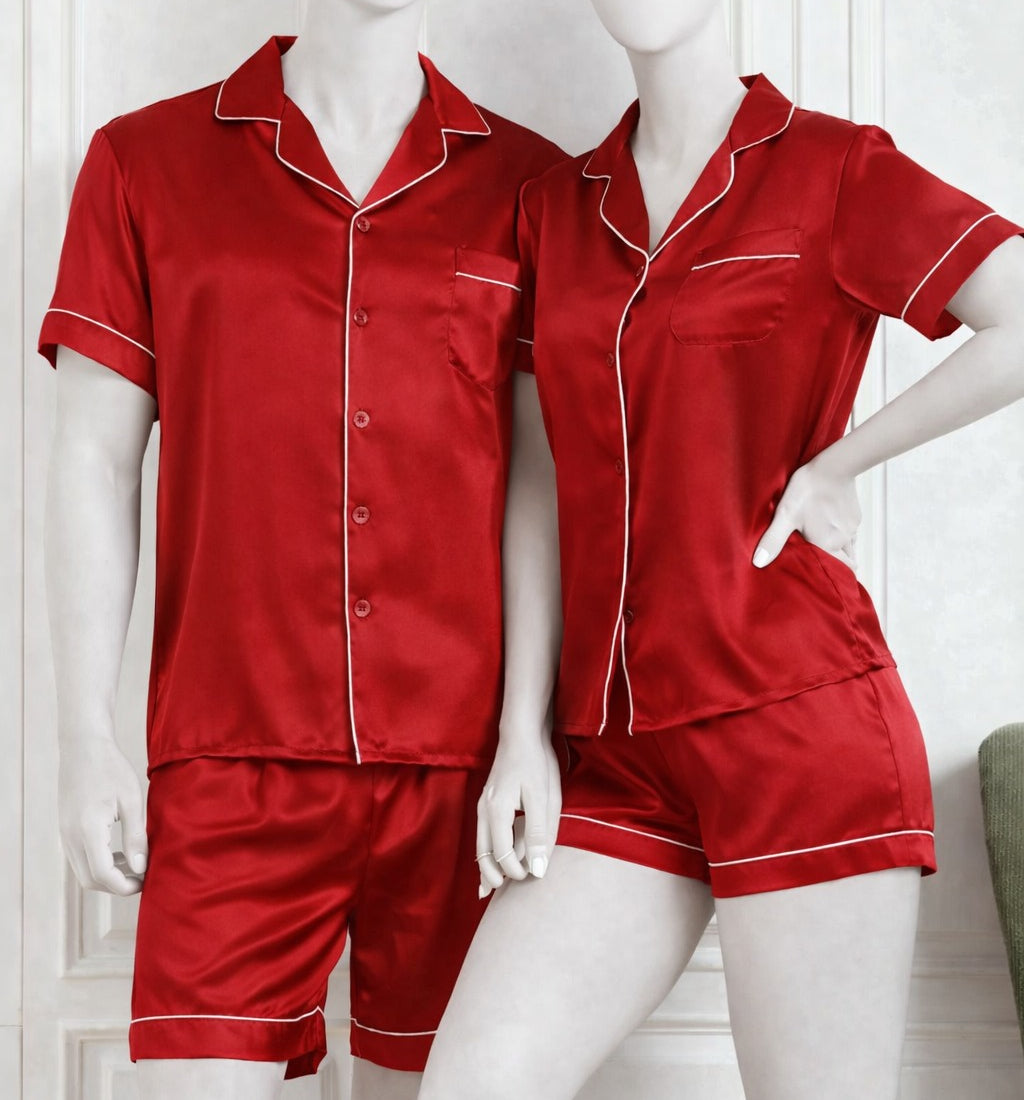 Couple Night Dress Silk Pajama Set – Short Sleeve Shirt & Shorts (4 Pcs) | SKU DC-C014 | Black