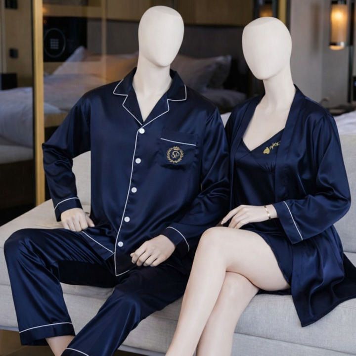 Couple Night Dress Silk Sleepwear Set – 4-Piece Pajama & Robe Set | SKU: DC-C012 | Black