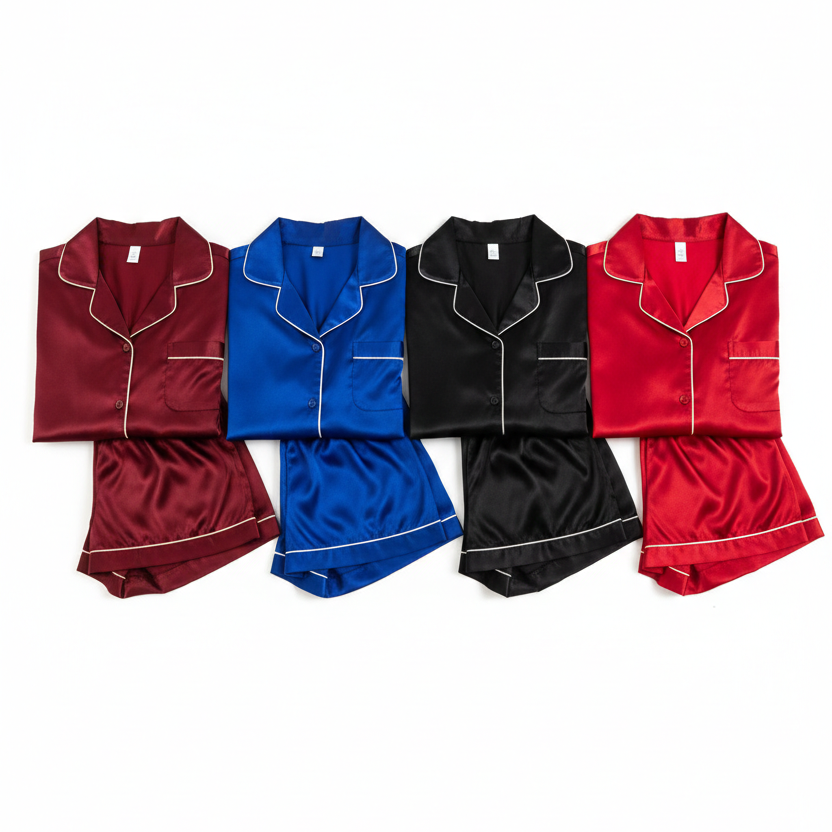 Couple Night Dress Silk Pajama Set – Short Sleeve Shirt & Shorts (4 Pcs) | SKU DC-C014 | Black