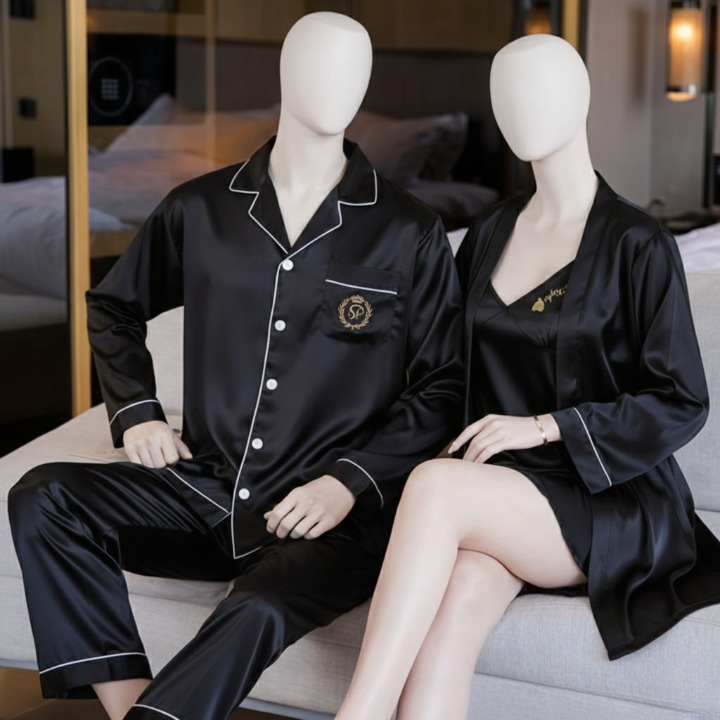 Couple Night Dress Silk Sleepwear Set – 4-Piece Pajama & Robe Set | SKU: DC-C012 | Black