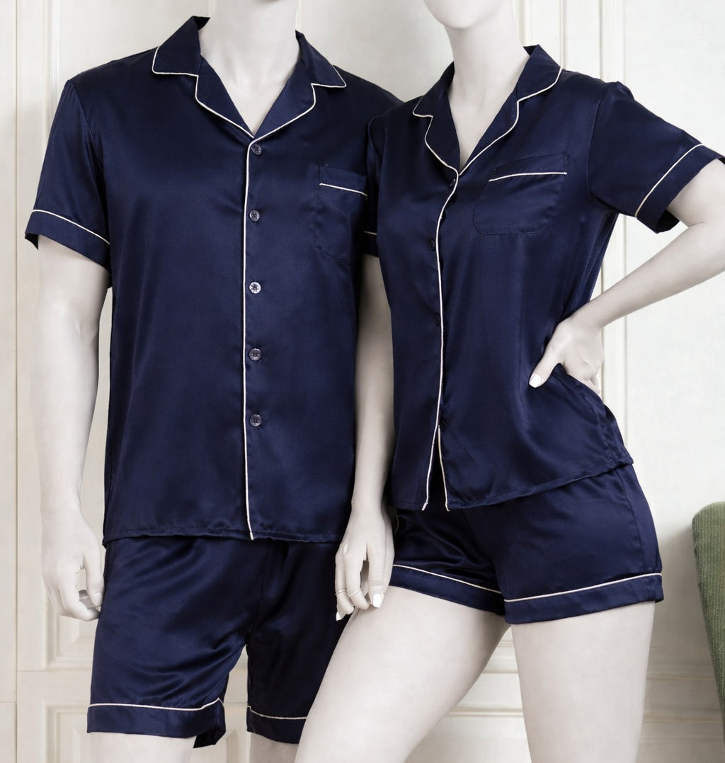 Couple Night Dress Silk Pajama Set – Short Sleeve Shirt & Shorts (4 Pcs) | SKU DC-C014 | Black