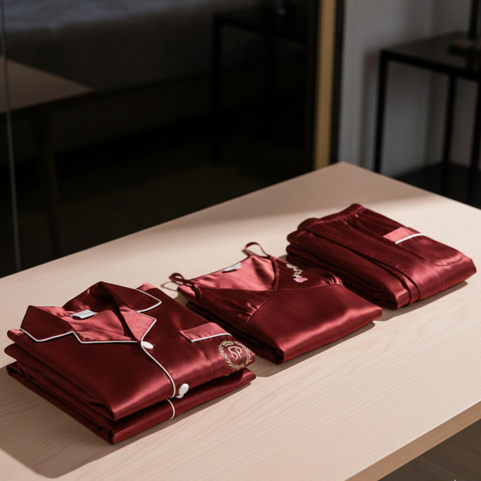 Couple Night Dress Silk Sleepwear Set – 4-Piece Pajama & Robe Set | SKU: DC-C012 | Black