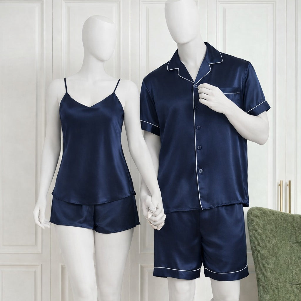 Couple Night Dress / Night Suit / Silk Sleepwear Set – 4-Piece Camisole & Shirt with Shorts | SKU DC-C015 | Black