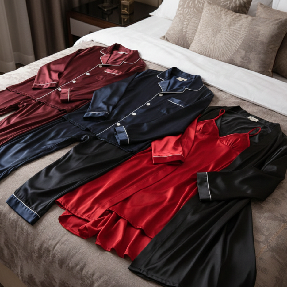 Couple Night Dress Silk Sleepwear Set – 4-Piece Pajama & Robe Set | SKU: DC-C012 | Black