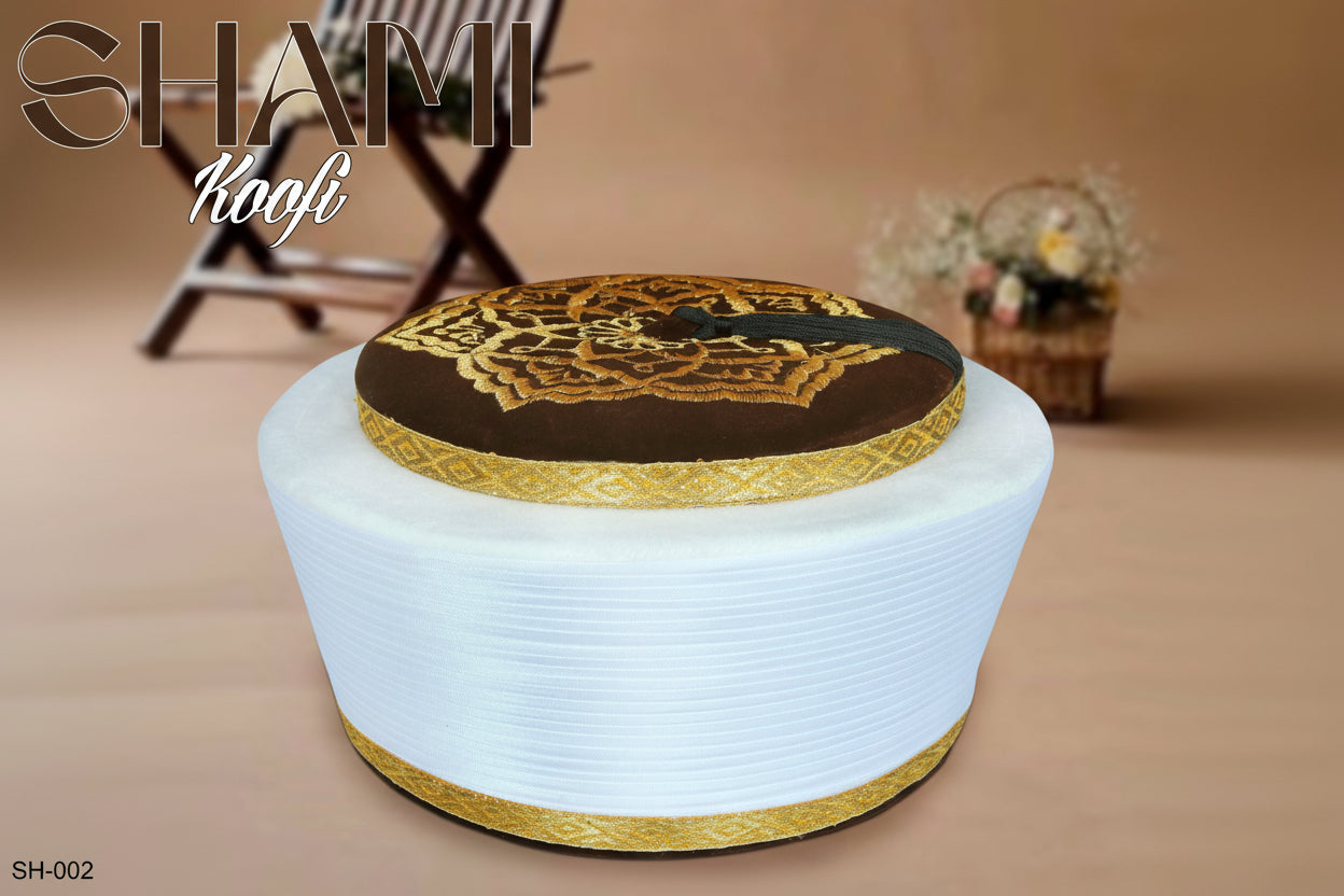 Men’s Premium Shami Cap SH-002 - Traditional Embroidered Islamic Prayer Kufi Hat for Men