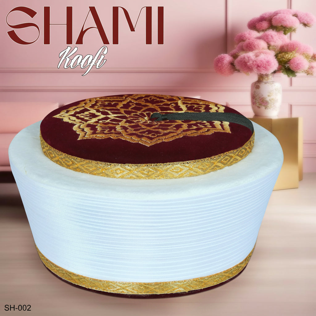 Men’s Premium Shami Cap SH-002 - Traditional Embroidered Islamic Prayer Kufi Hat for Men