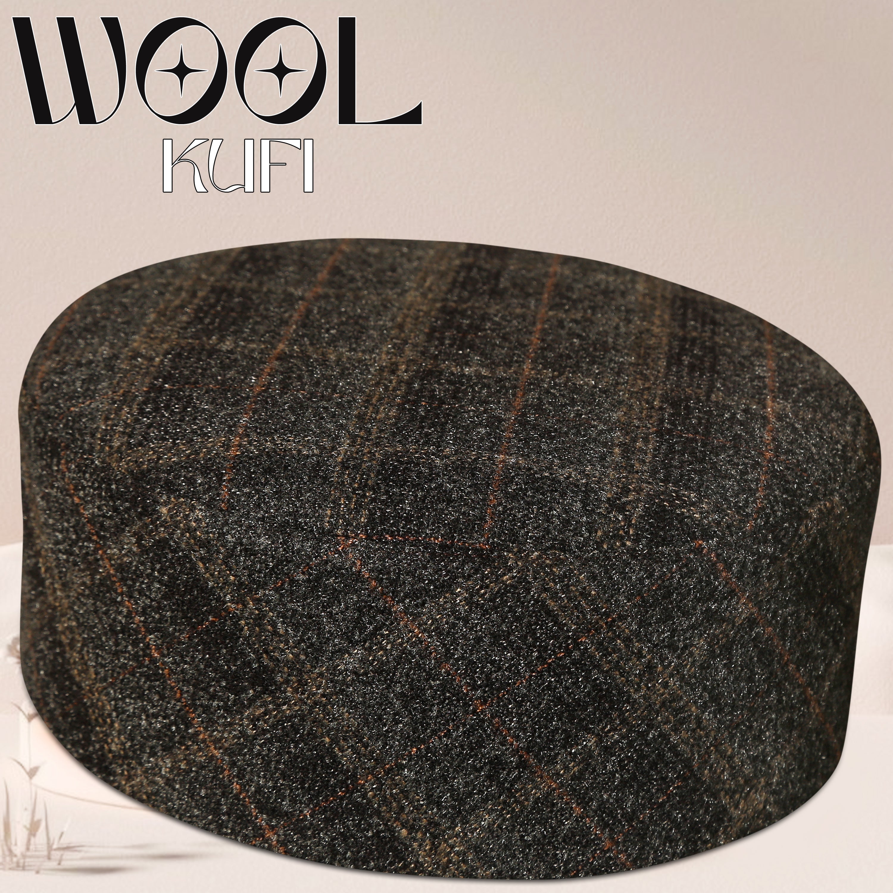 Muslim Premium Wool Kufi Hat - Printed Check Design Warm Winter Islamic Prayer Cap for Men