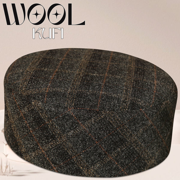 Muslim Premium Wool Kufi Hat - Printed Check Design Warm Winter Islamic Prayer Cap for Men