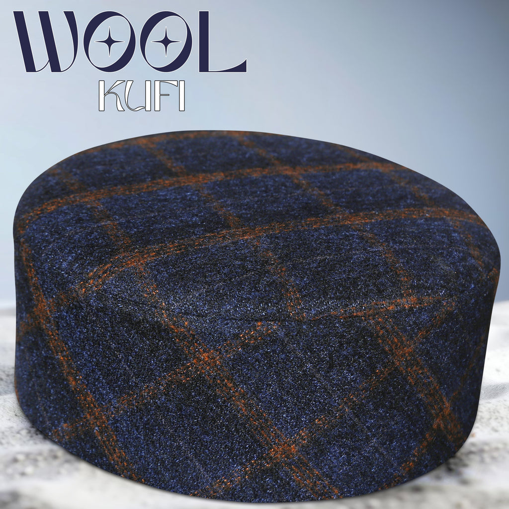 Muslim Premium Wool Kufi Hat - Printed Check Design Warm Winter Islamic Prayer Cap for Men