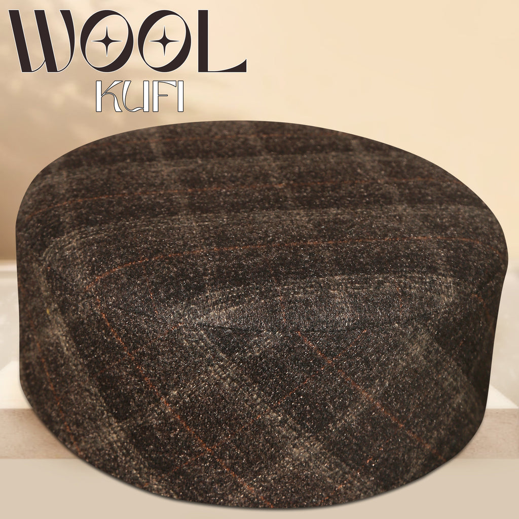 Muslim Premium Wool Kufi Hat - Printed Check Design Warm Winter Islamic Prayer Cap for Men