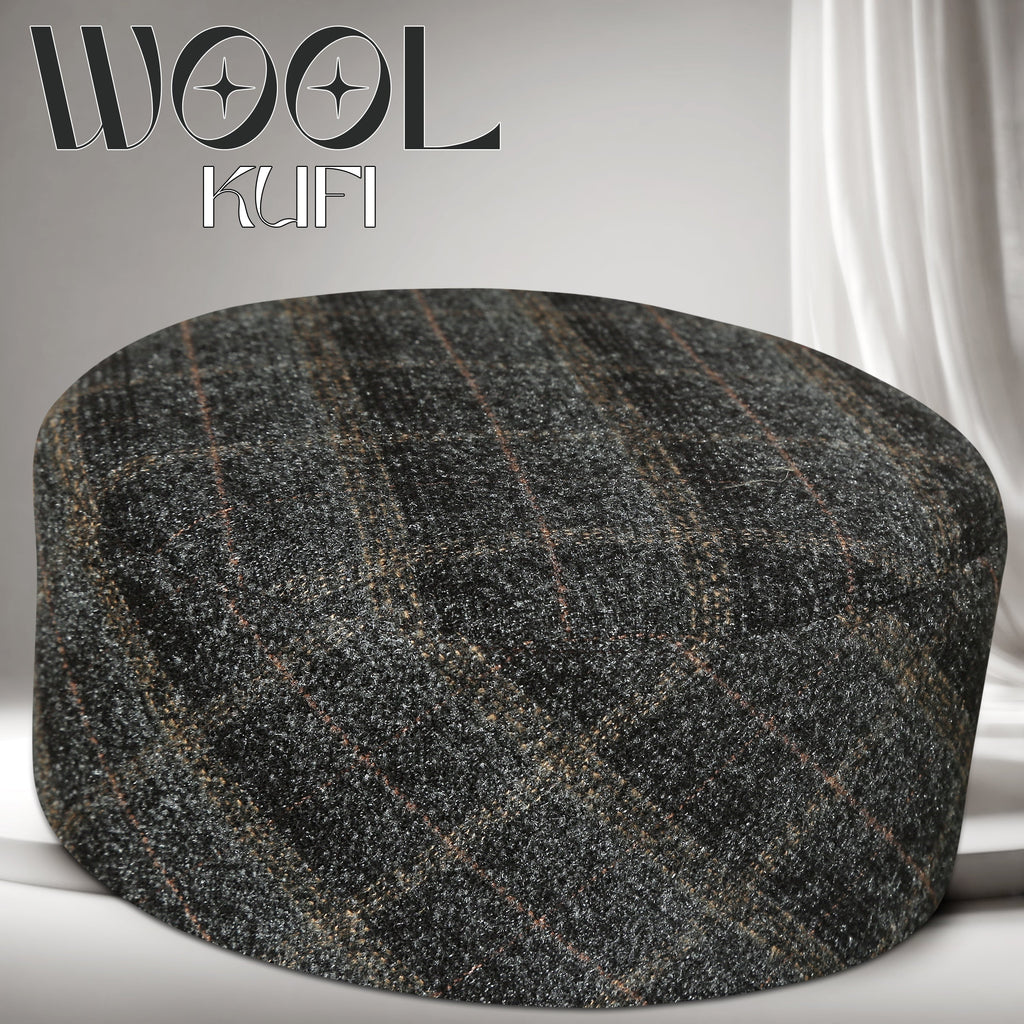 Muslim Premium Wool Kufi Hat - Printed Check Design Warm Winter Islamic Prayer Cap for Men