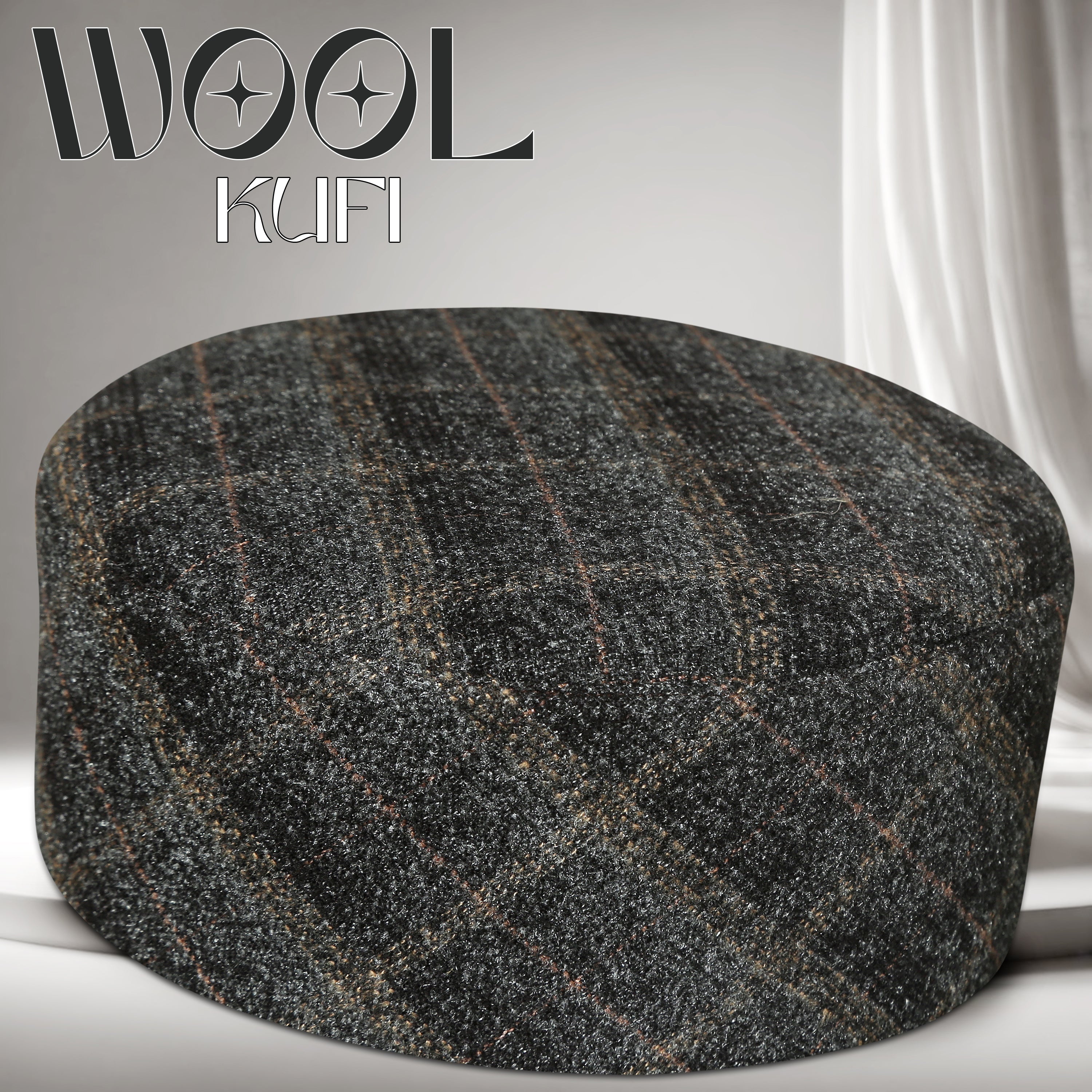 Muslim Premium Wool Kufi Hat - Printed Check Design Warm Winter Islamic Prayer Cap for Men