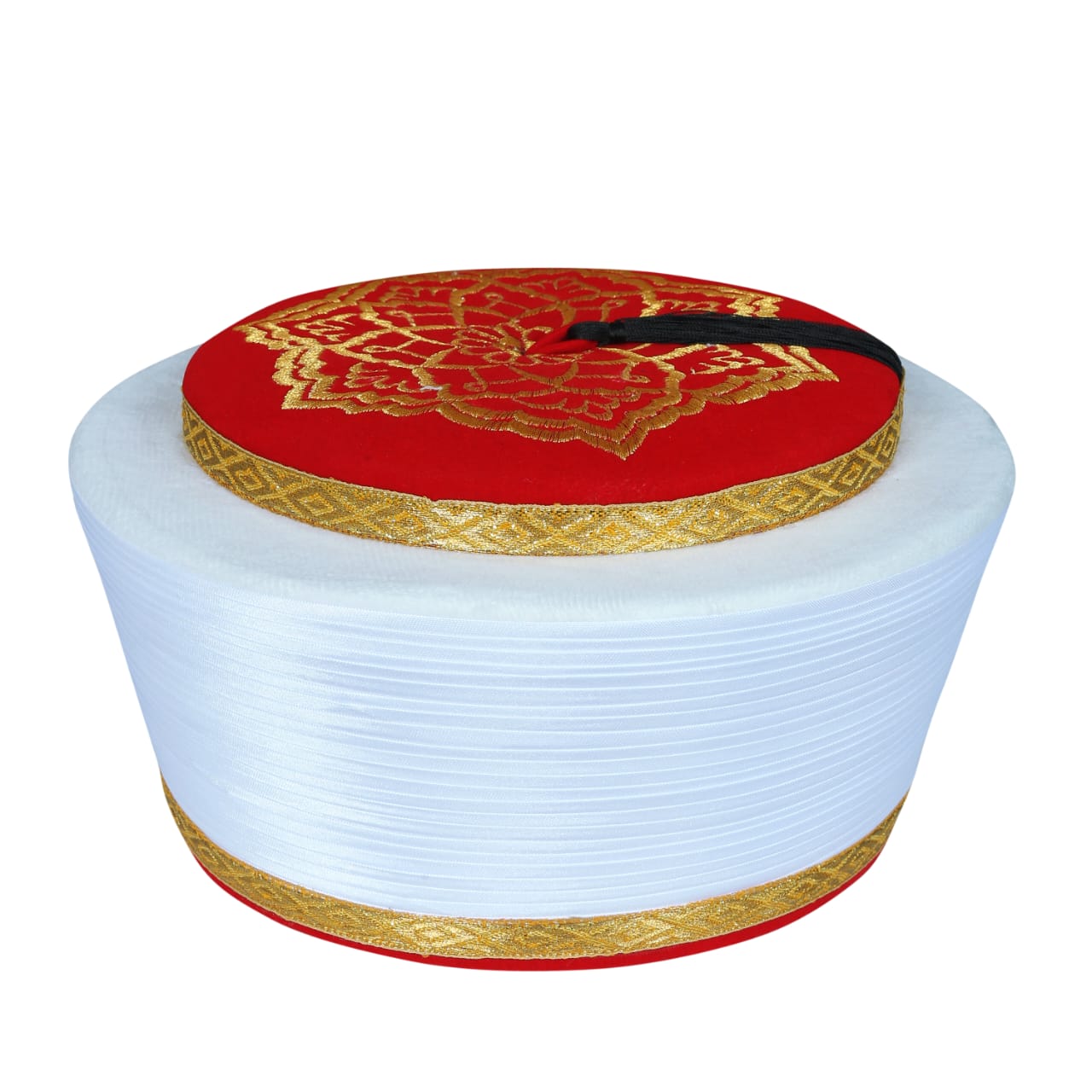 Elegant Sufi Kufi Cap - White with Deep Red Velvet, Gold Details, and Tassel