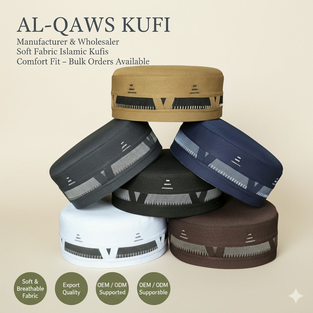 Bin Fiaz Al-Qaws Stitched Kufi – Premium Namaz Topi – Premium Islamic Prayer Cap - Premium Stitched Kufi Hat