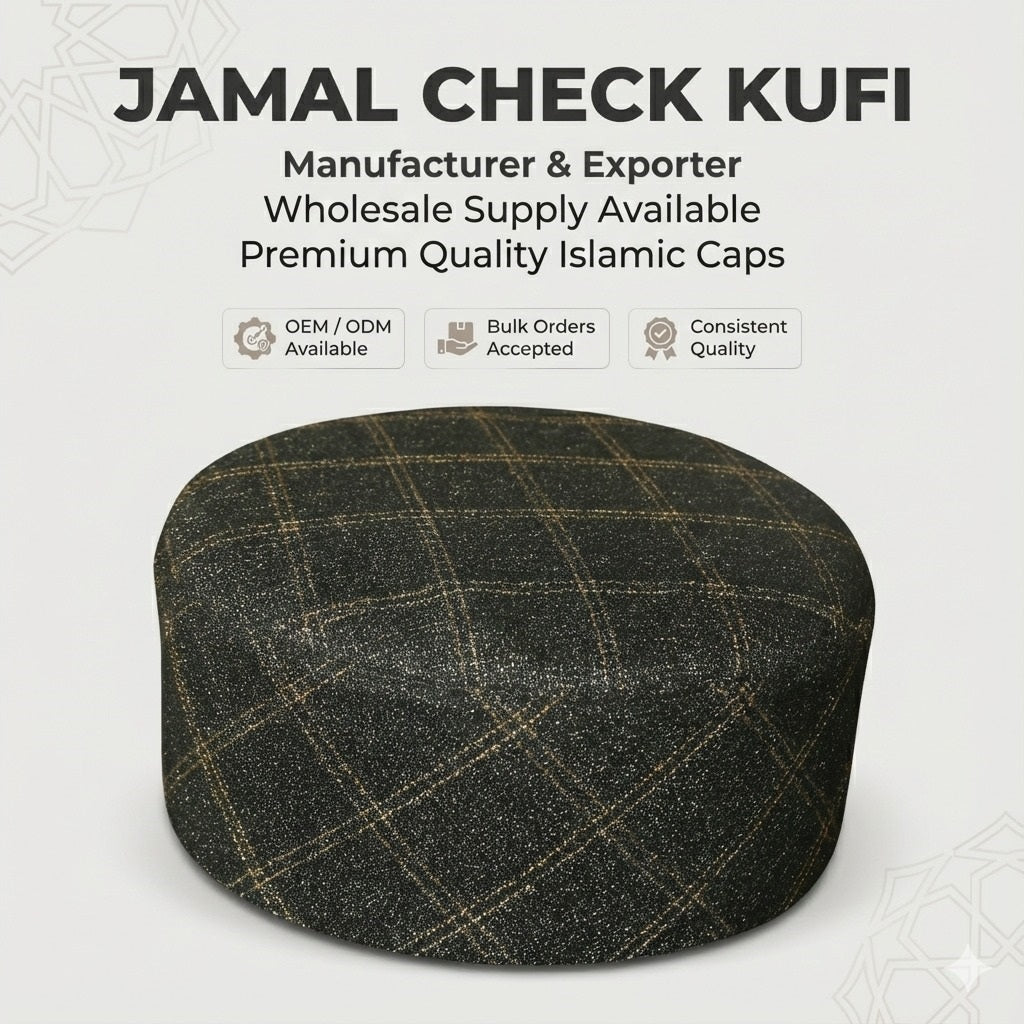 Bin Fiaz Jamal Check Premium Structured Kufi - Printed Check Design Islamic Prayer Cap
